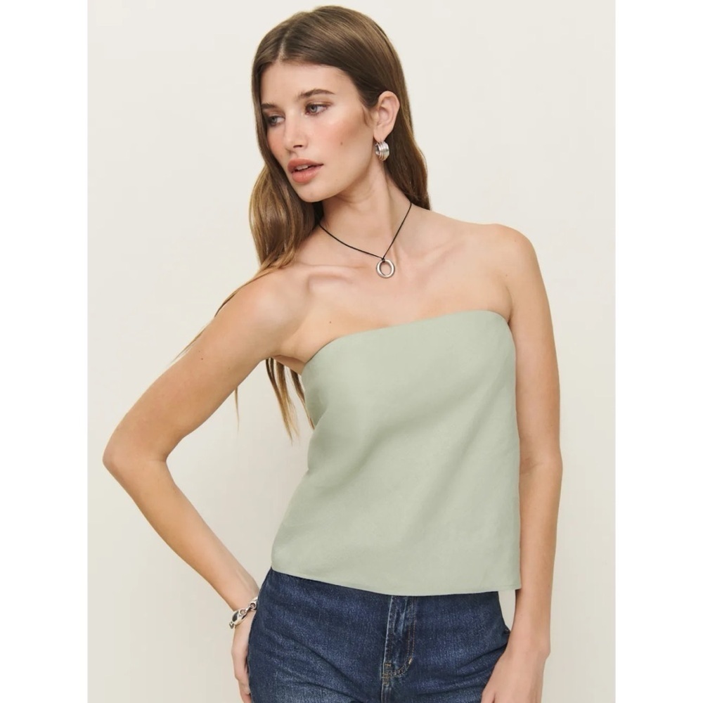 Reformation Spritz Linen Strapless Top Green Small